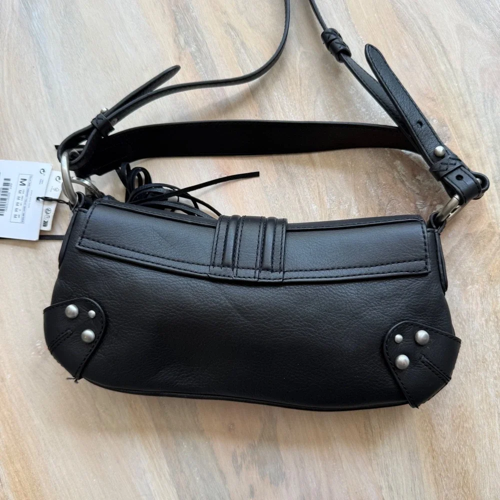 Zara Black Leather Shoulder Bag Women Y2K Minimalist Festival Studded Moto $169 - Picture 2 of 11